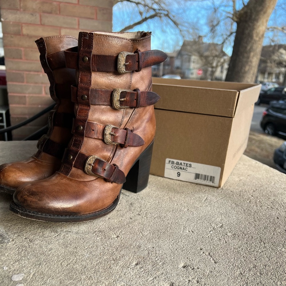 FreeBird buckle boot with heel.  Only worn a couple times.  Cognac color.